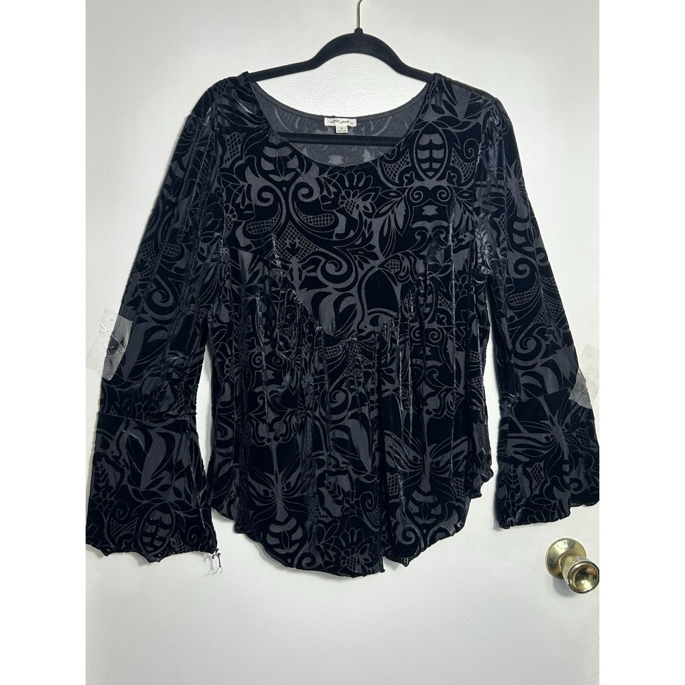 Ultra Pink Burnout Velvet Top XL Black Damask Floral Boho Bell Sleeve Whimsigoth